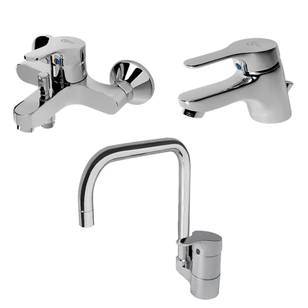 طقم خلاطات سليم لاين 3 قطع (خلاط بانيو 8587 و خلاط حوض 8577 و خلاط مطبخ شجرة قنطرة عالي ة 0561 ) اللون كروم من ايديال ستاندرد