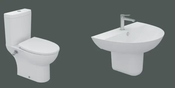 طقم حمام روزيتا مرحاض كامل ذاتى الغلق و حوض 60 سم بالعامود المعلق من سانى بيور