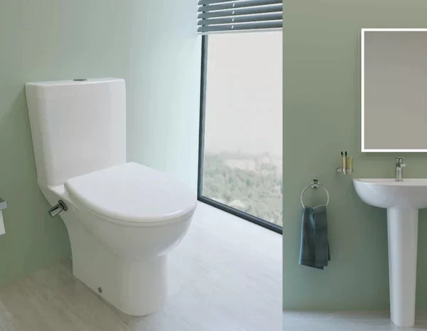 طقم حمام روزيتا مرحاض كامل ذاتى الغلق و حوض 55 سم بالعامود الطويل من سانى بيور