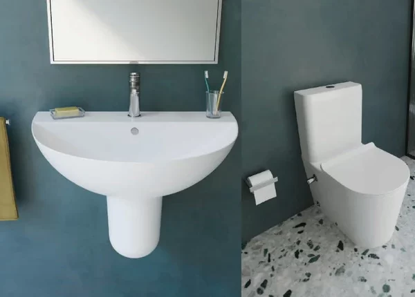 طقم حمام تايتن مرحاض ملاصق كامل بالخزان والسديلى العادى و حوض 70 سم عامود معلق من سانى بيور