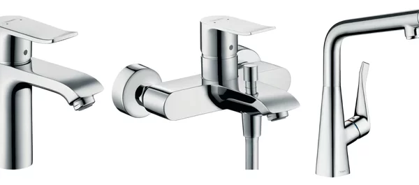 ( طلب مسبق ) طقم خلاطات 3 قطع متريس ( خلاط حوض 31080006 خلاط بانيو 31480006 خلاط مطبخ 14785000 ) اللون كروم من هانز جروهى